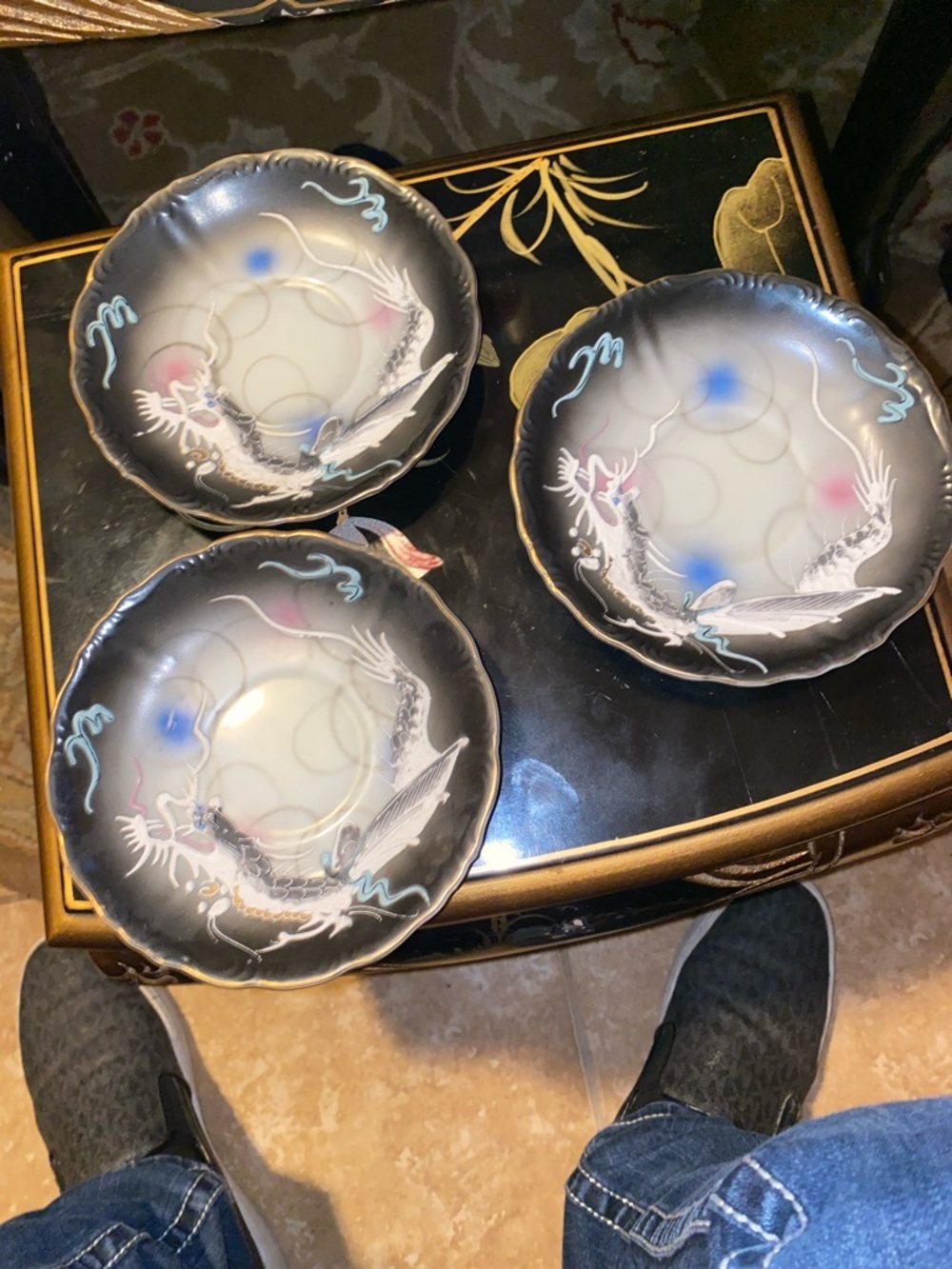 Decorative Dragon Ware Ceramic Plates - Black, Cream, Blue Accents 5.7”